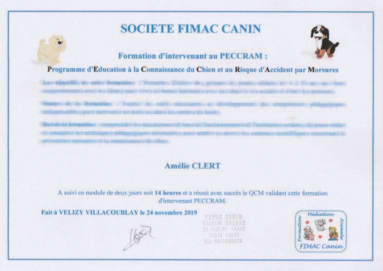 Formation PECCRAM (programme d'éducation à la connaissance du chien et au risque d'accident par morsure) pour les enfants